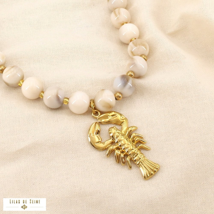 Collier acier inoxydable résine marbrée bille homard 0126202 naturel/beige