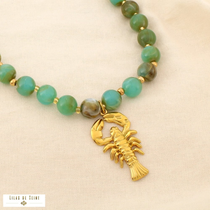 Collier acier inoxydable résine marbrée bille homard 0126202 bleu turquoise
