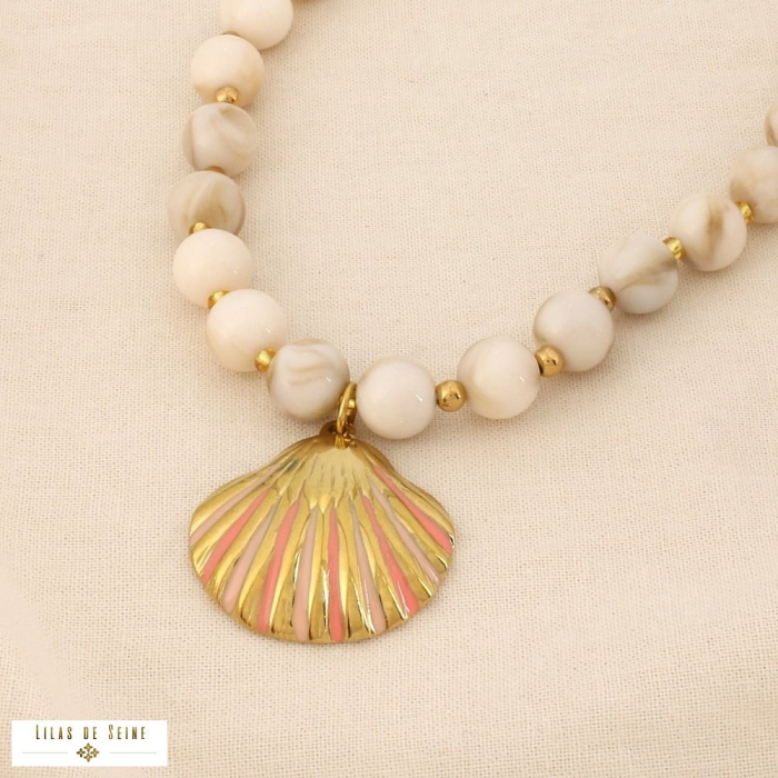 Collier acier inox résine marbrée bille coquillage 0126203 naturel/beige