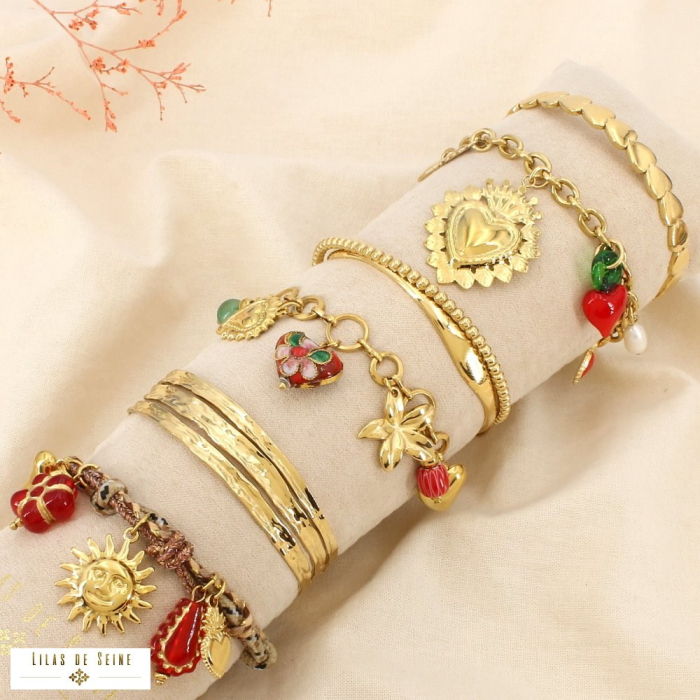 6 bracelets acier inoxydable résine émail 0226257 rouge