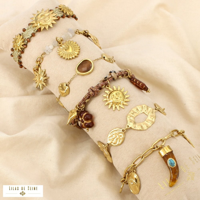 6 bracelets acier inoxydable pierre naturelle résine cristal 0226258 marron