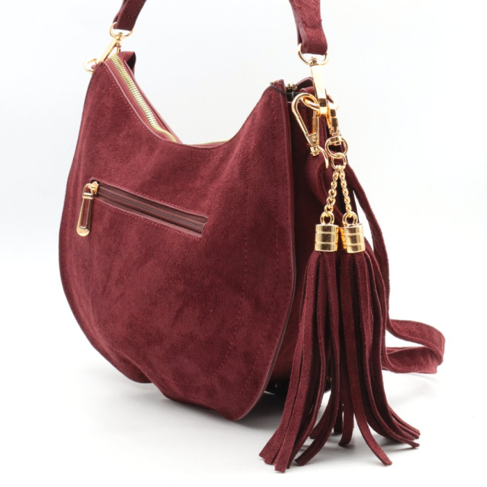 Sac demi-lune Flora&Co simili-cuir daim clous pompons tassels 0926510 rouge bordeaux