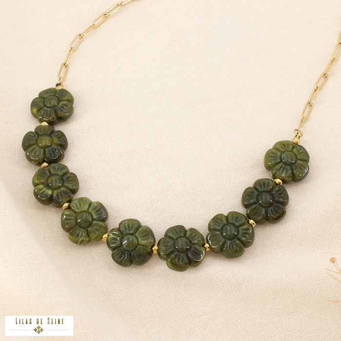 Collier acier inoxydable fleur résine marbrée 0126218 vert
