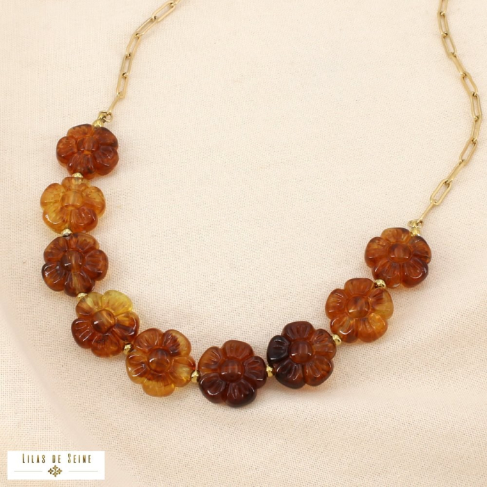 Collier acier inoxydable fleur résine marbrée 0126218 cognac