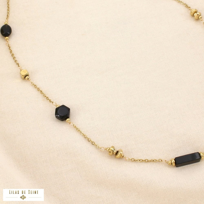 Collier acier inoxydable pierre noire graphique 0126219 noir