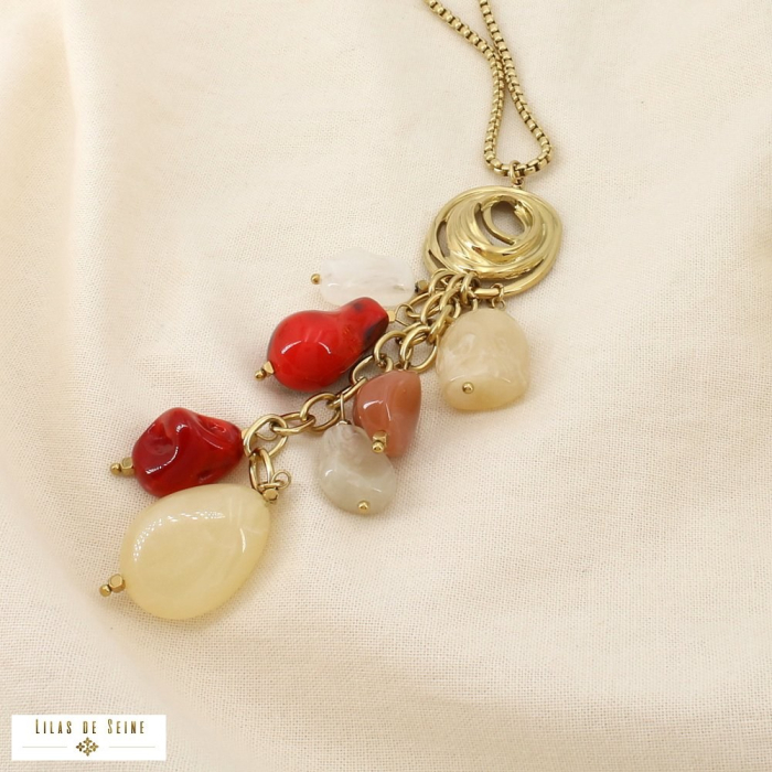 Collier Sautoir acier inoxydable résine marbrée 0126159 rouge