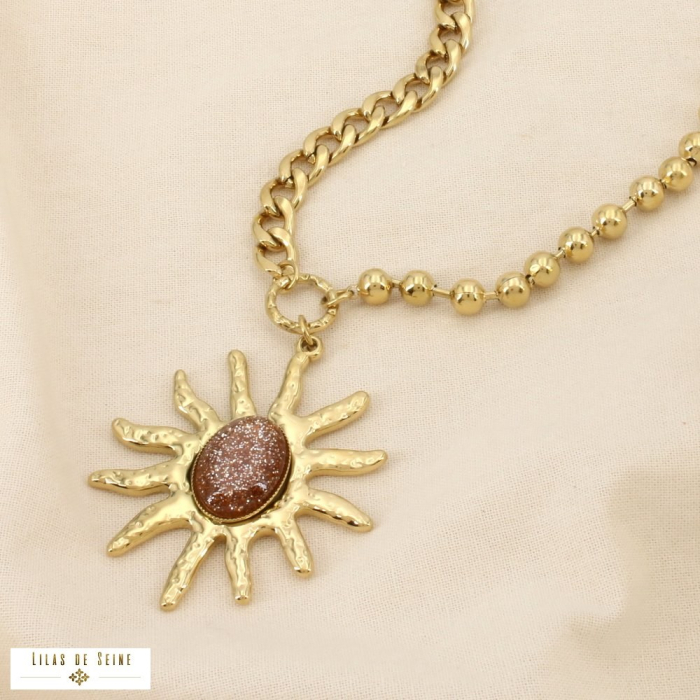 Collier acier résine soleil billes maillons 0126586 marron