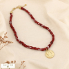 Collier acier polyester torsadé monnaie antique 0126587 rouge bordeaux
