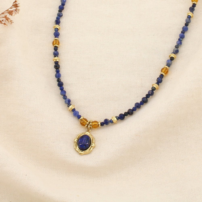 Collier acier pierre facetté verre pendentif ovale 0126562 bleu foncé