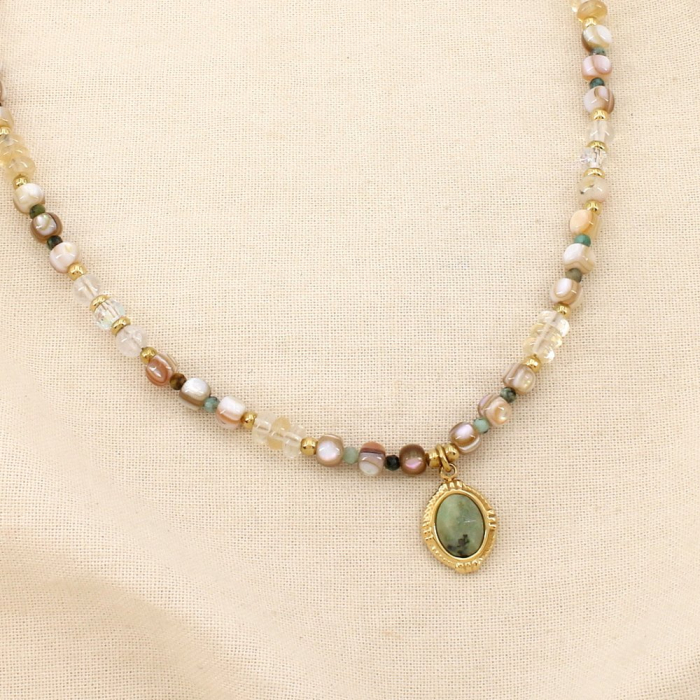 Collier acier pierre facetté cristal pendentif ovale 0126564 naturel/beige