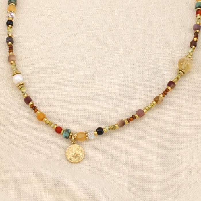 Collier acier pierre cristal perle d’eau douce 0126566 marron