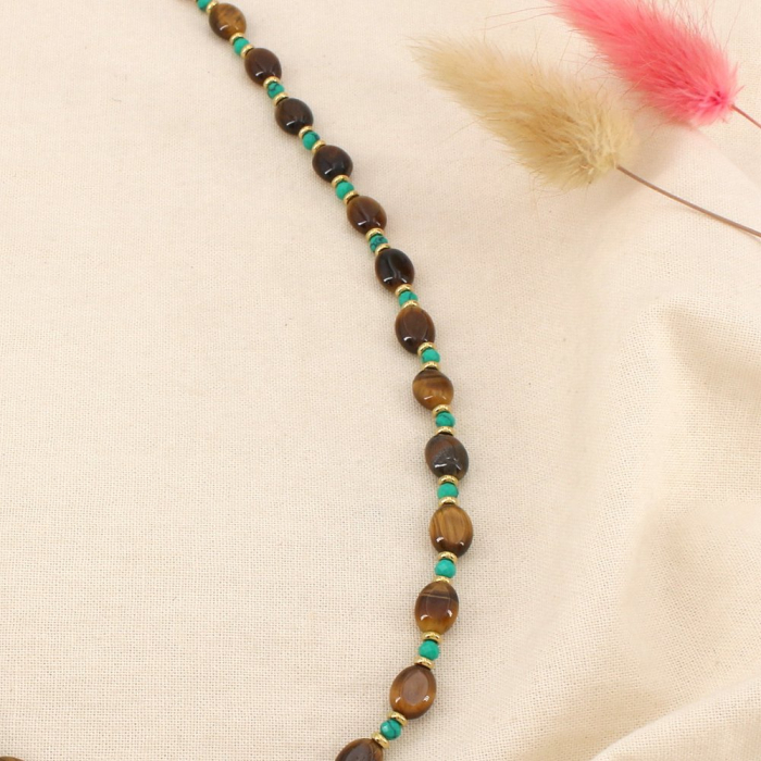 Collier acier inoxydable pierres style œil de tigre 0126573 marron