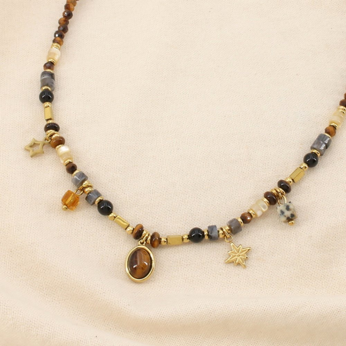 Collier acier breloque pierres nacre cristal étoile 0126575 marron