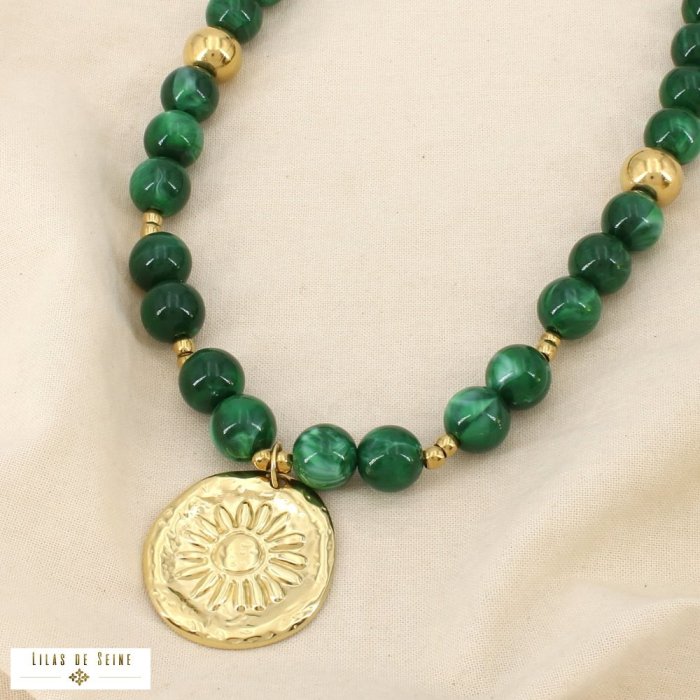 Collier acier inox résine marbrée pendentif soleil 0126589 vert