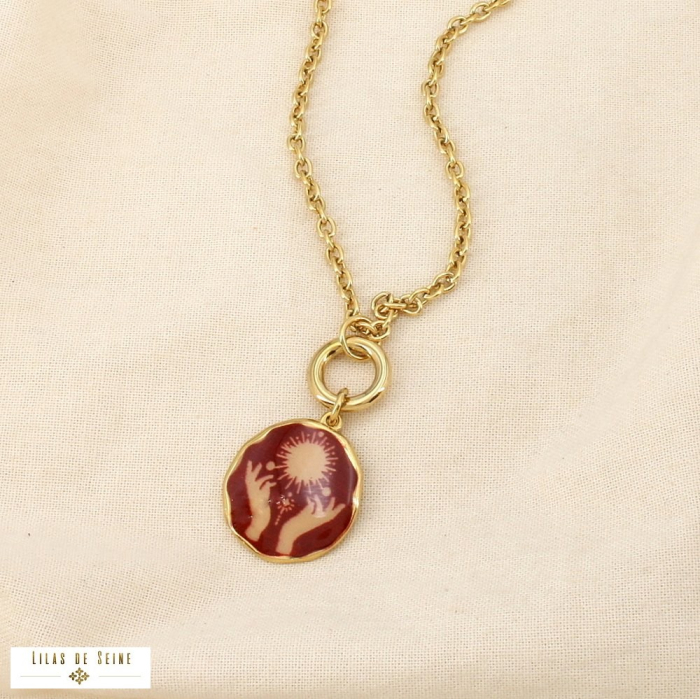 Collier acier émail peint résine mains soleil 0126517 rouge bordeaux
