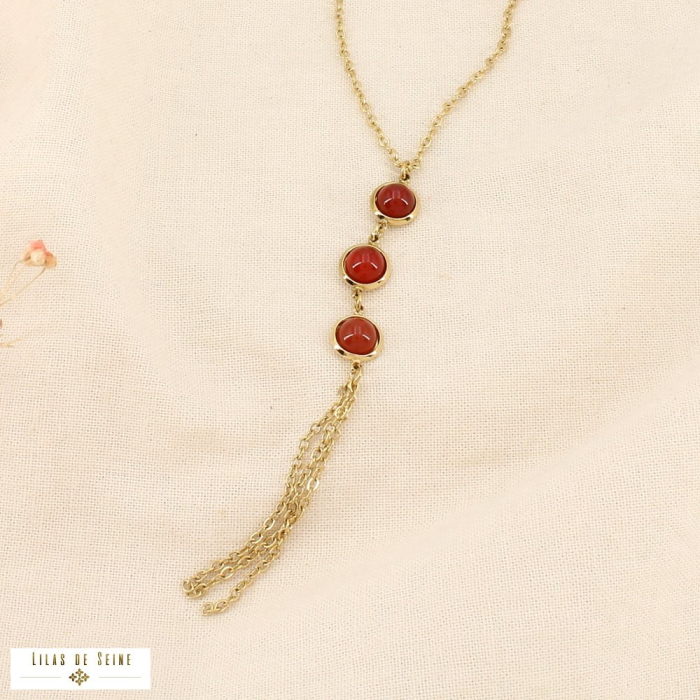 Collier Y acier cabochons pierre pompon chaîne 0126533 rouge bordeaux
