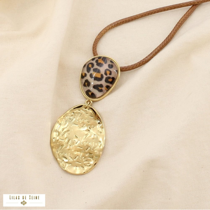 Collier SAUTOIR acier texturé résine cordon ciré 0126511 taupe