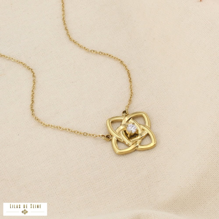 Collier acier inoxydable pendentif fleur strass 0126521 doré