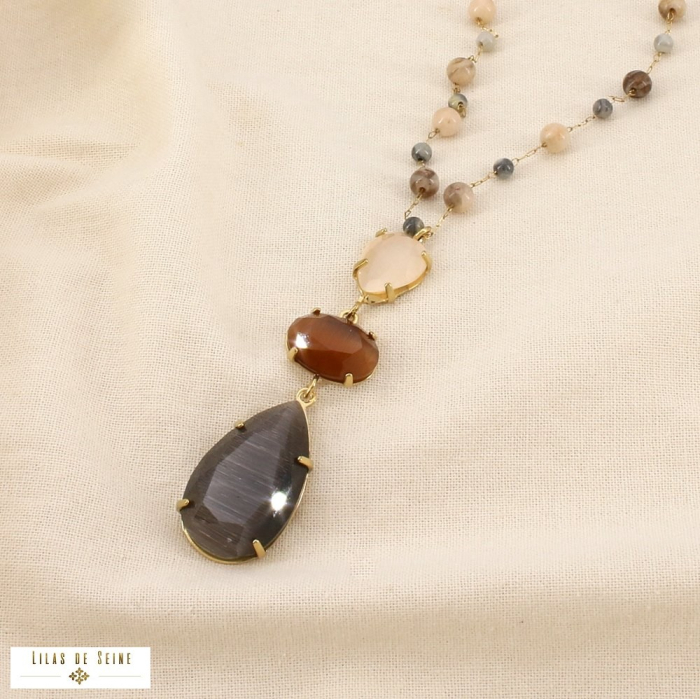 Collier SAUTOIR acier verre pierre pendentif goutte 0126540 gris foncé