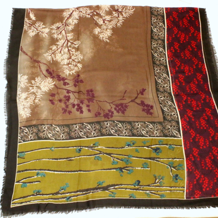 Foulard viscose motifs graphiques floraux frangés 0726531 rouge bordeaux