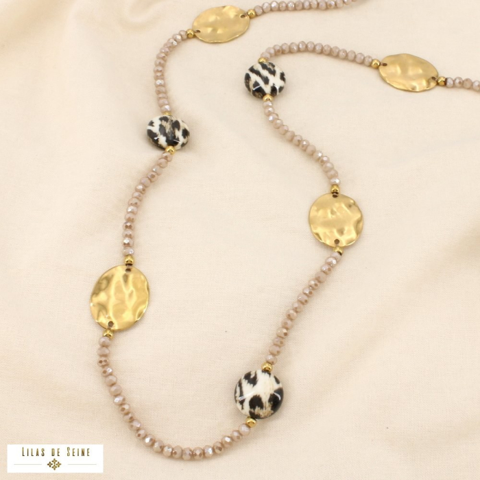 Collier SAUTOIR acier cristal résine motif léopard 0126549 taupe