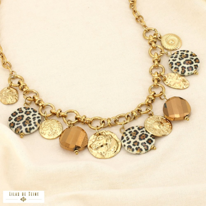 Collier acier cristal résine breloques motif zèbre 0126536 marron
