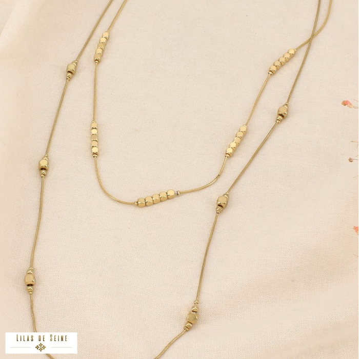 Collier double rang acier inoxydable perles cubes 0126507 doré