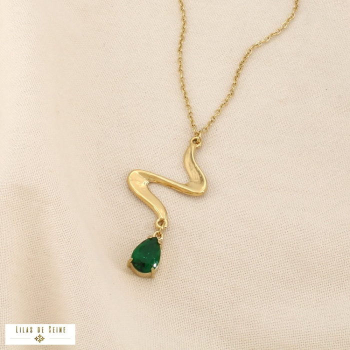 Collier acier inox cristal ondulé goutte facettée 0126531 vert