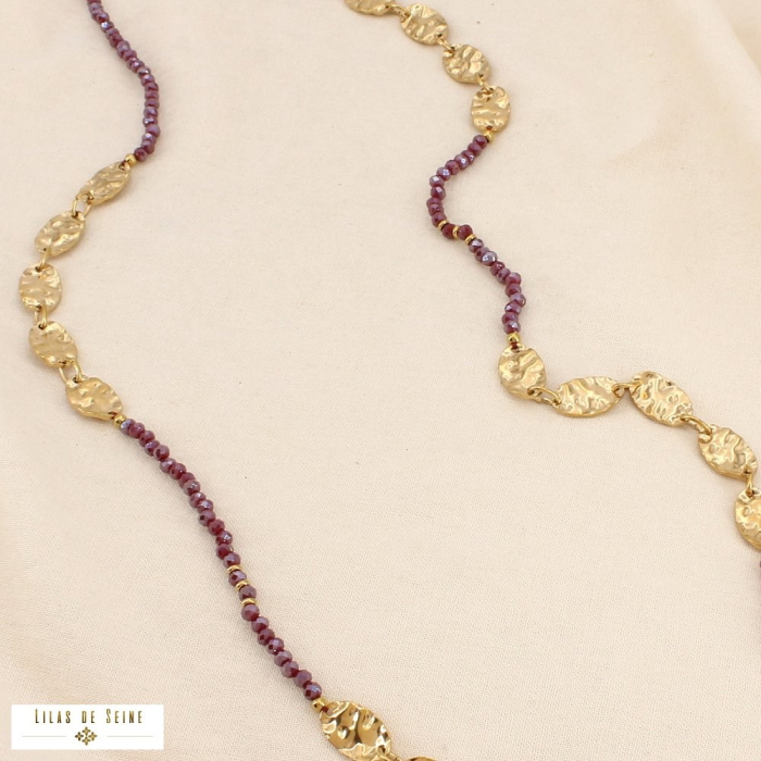 Collier SAUTOIR acier cristal médaillons martelés 0126550 rouge bordeaux