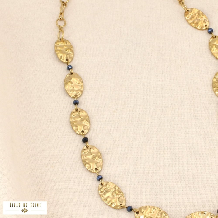 Collier acier inox cristal médaillon ovale martelé 0126533 noir