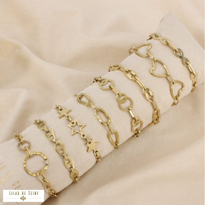 Ensemble 8 bracelets acier strass mailles variées 0226601 doré