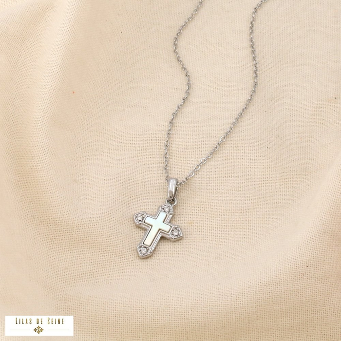 Collier croix acier inoxydable nacre strass 0126524 argenté