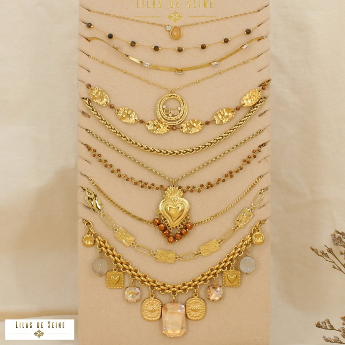 Ensemble 10 colliers acier cristal strass pierre 0126612 marron