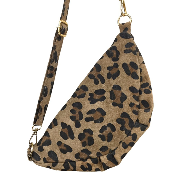Sac banane en cuir véritable façon daim motif léopard 0926530 taupe