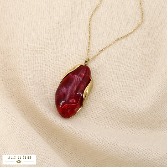Collier acier inoxydable pendentif résine marbrée 0126633 rouge bordeaux