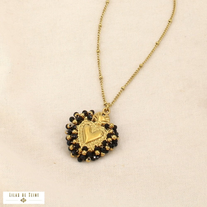 Collier acier cristal tissé pendentif cœur sacré 0126579 noir